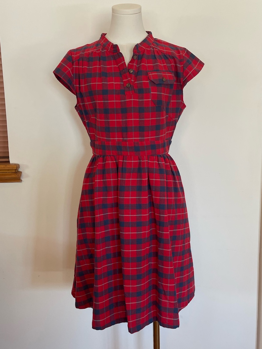 Retro Cotton Twee Red Blue Plaid Fit and Flare Dress Pockets Classic 1950's 60's